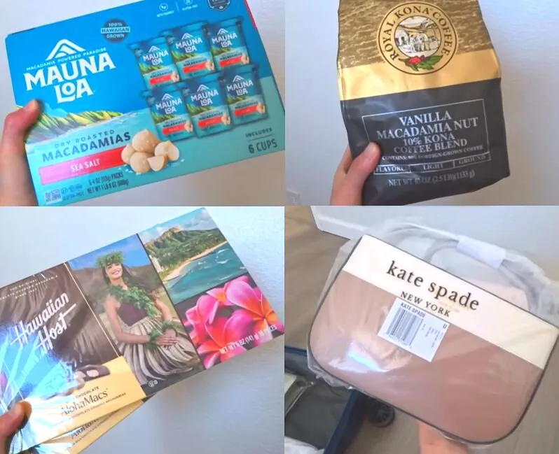 Mauna Loa macadamia nuts, Royal Kona Coffee, Hawaiian Host chocolates, and a Kate Spade bag — gifts to bring to relatives in Taiwan